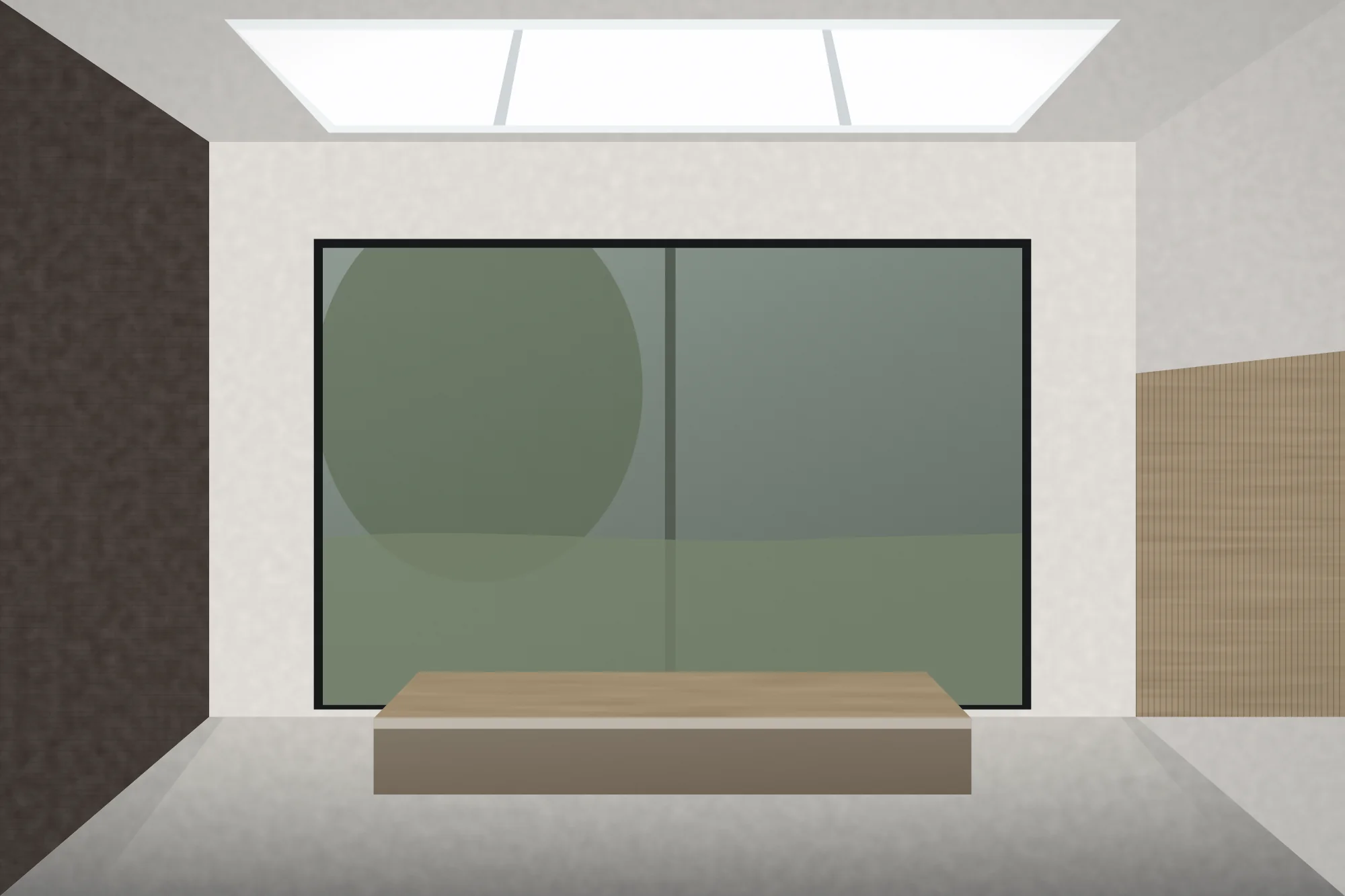 The new ground floor looking out to the garden: a long rooflight in the ceiling above, exposed dark brick to one flank, plain plaster to the other, an oak-topped island and full-width glazing to the garden.
