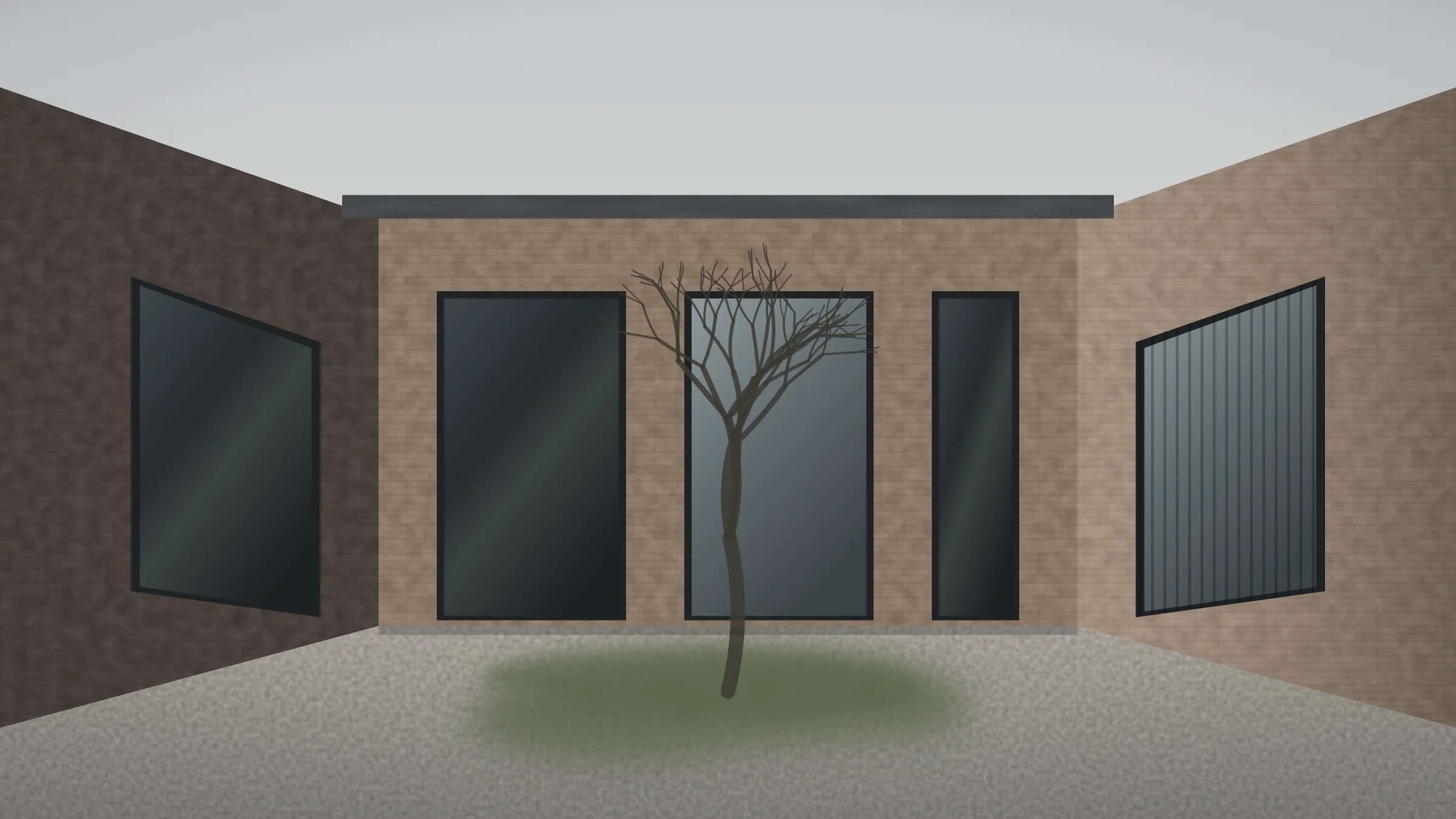The planted internal courtyard, enclosed on three sides by brick walls with tall glazed consulting room windows, a single small tree at the centre and gravel underfoot.