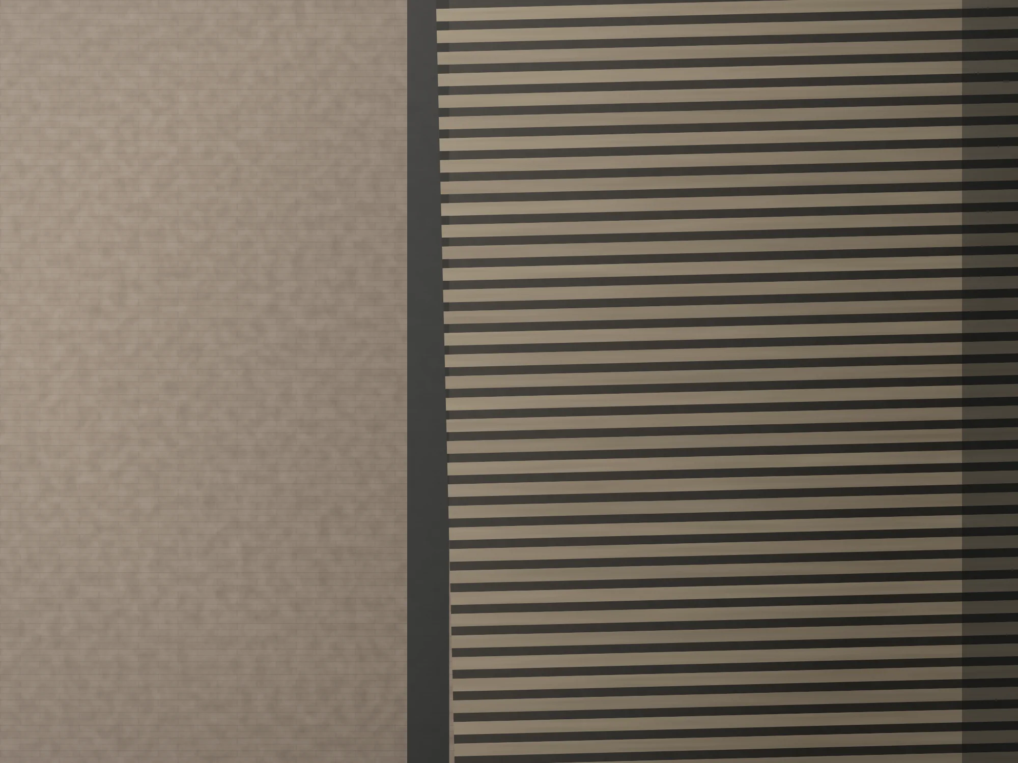 Detail of the oak slat screen: horizontal boards with open shadow gaps set forward of the brick wall, with a deep recess between them.