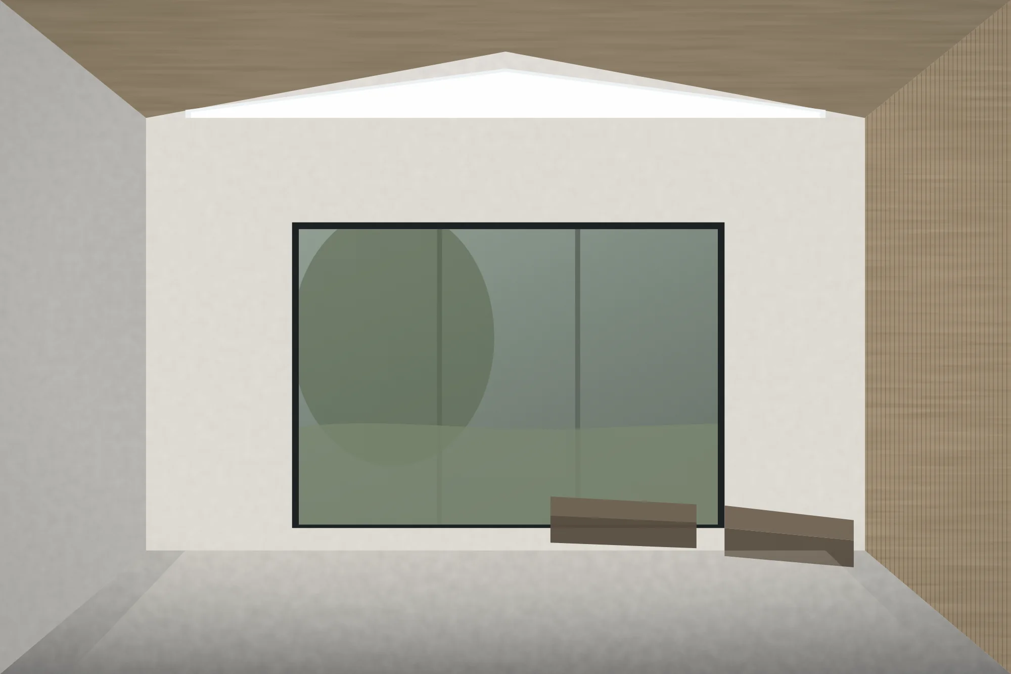 The waiting space: a pitched oak-lined soffit with a clerestory band of glazing at the ridge, plain plaster walls, a long low bench and full-height glazing onto the planted courtyard.