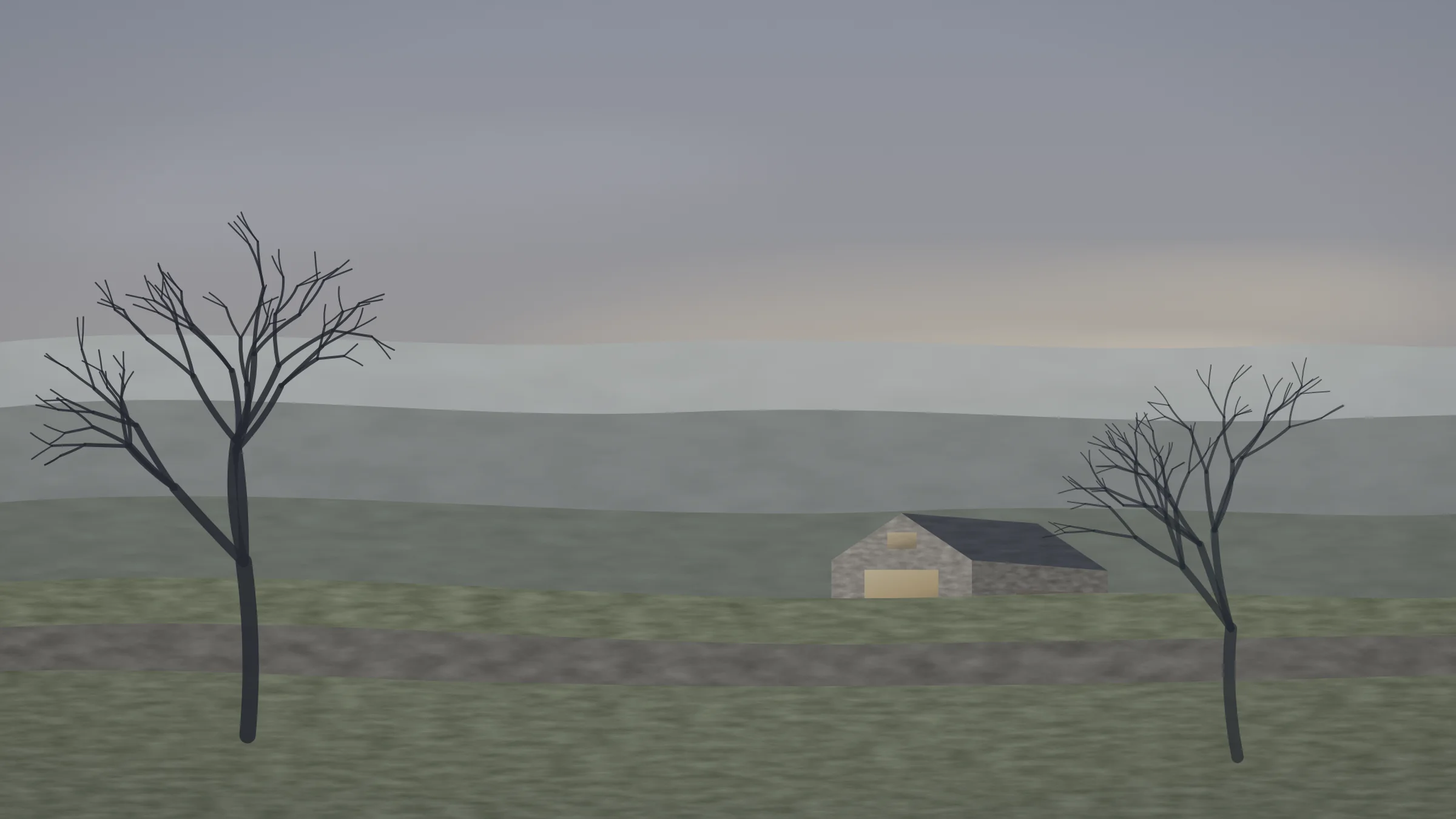 The barn seen small in the landscape at dusk, its windows lit, moorland ridges receding behind and bare hedgerow trees in the foreground.
