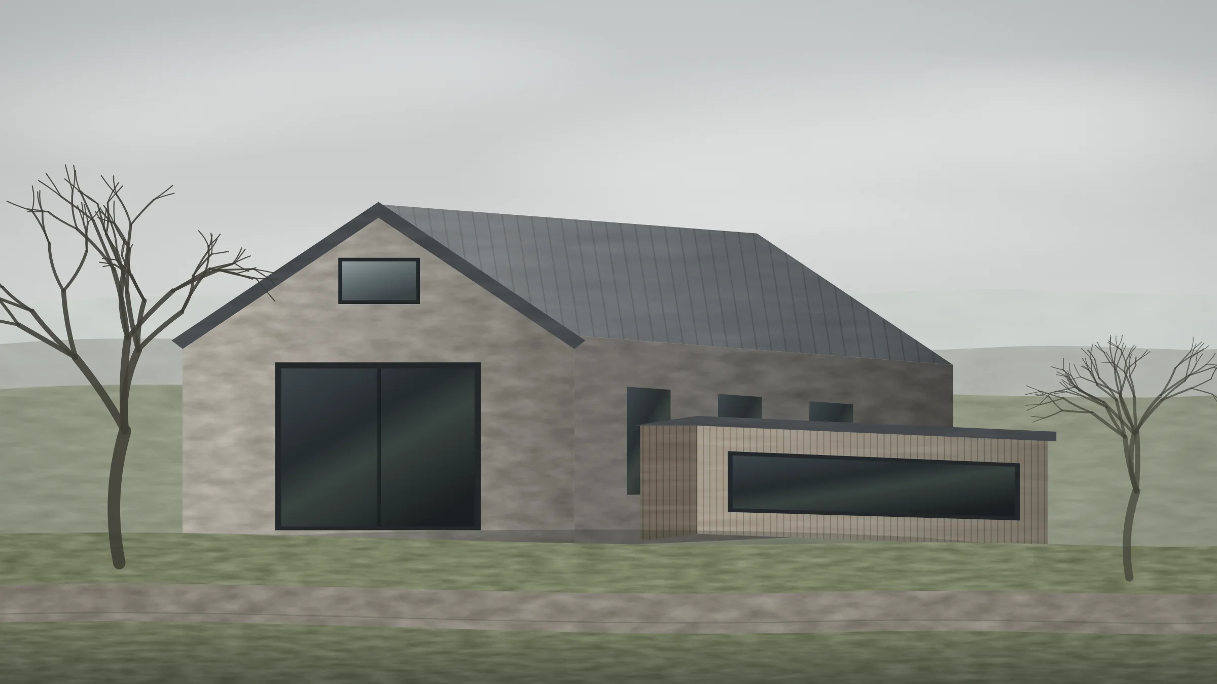 Wrenfold Barn seen across rough moorland grass: retained rubble stone walls, a new standing-seam zinc roof and a low cedar-clad wing to one end, under flat grey Exmoor light.