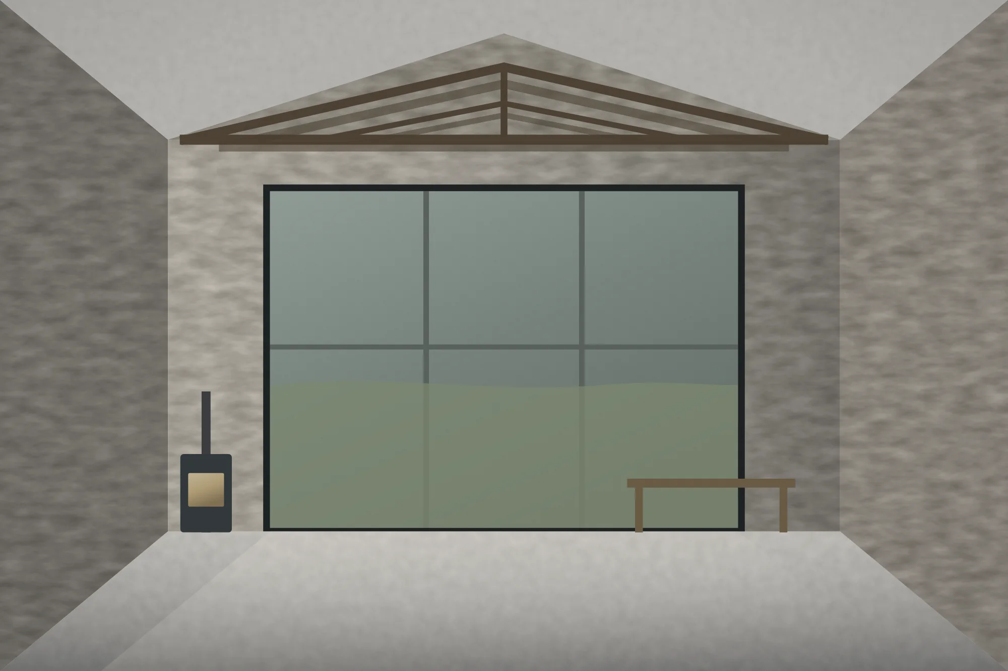 The double-height barn interior looking towards the glazed south gable: repaired rubble stone walls, the repaired oak truss overhead, a polished concrete floor and a wood stove against the return wall.